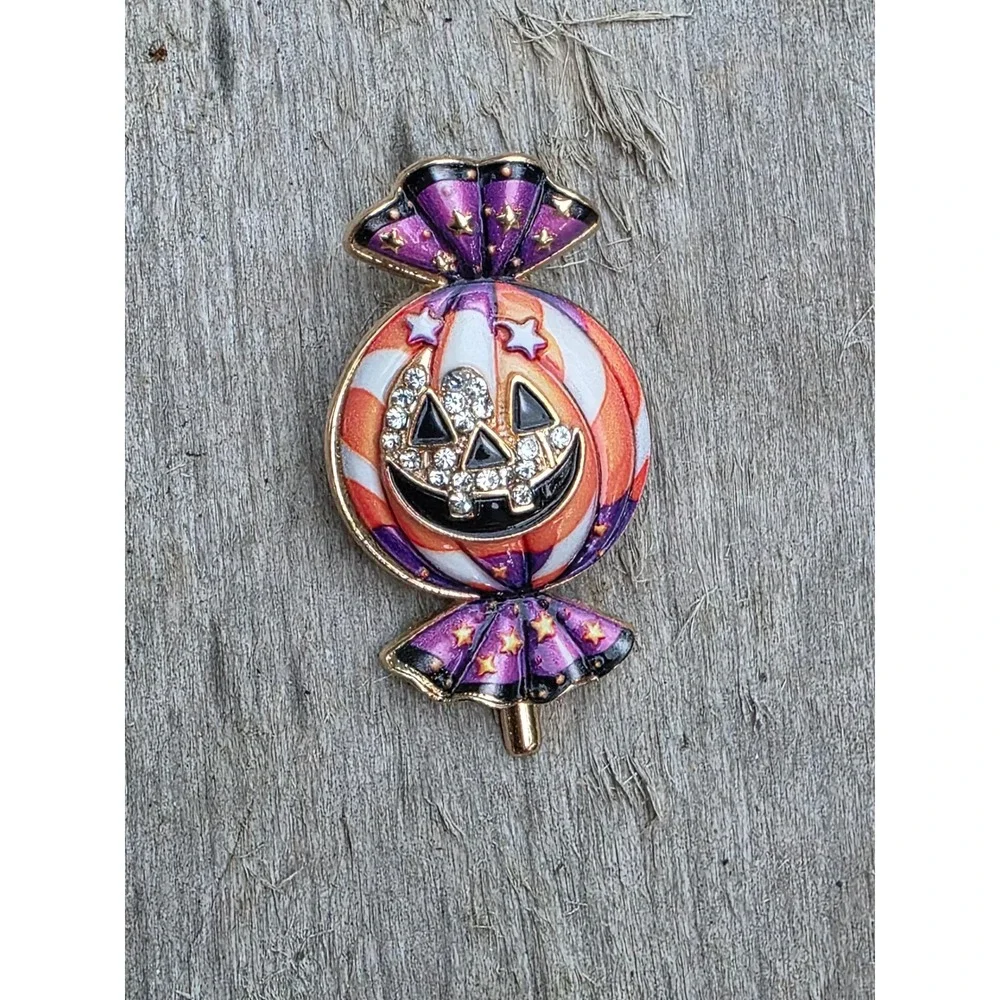Halloween Jack-O-Lantern Candy Brooch Enamel Rhinestone Pumpkin Pendant Pin